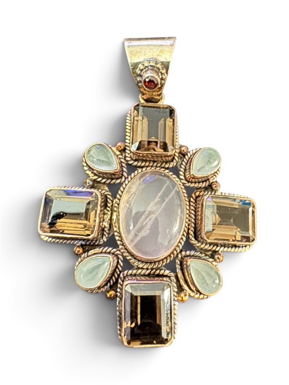 Handcrafted Gold-Tone Cross Pendant with Smoky Quartz and Moonstone